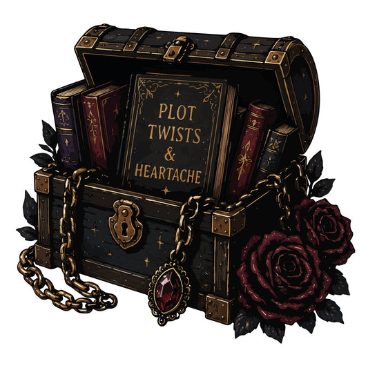 black, gold, burgundy, dark red, deep crimson, vintage, gothic, literary, books, treasure chest, roses, dark romance, celestial, stars, chains, elegant, whimsical, dark academia, fantasy, magical, ornate, decorative, plot twists and heartache, book lover, reader gift, moody, dramatic, steampunk, jeweled, ornamental