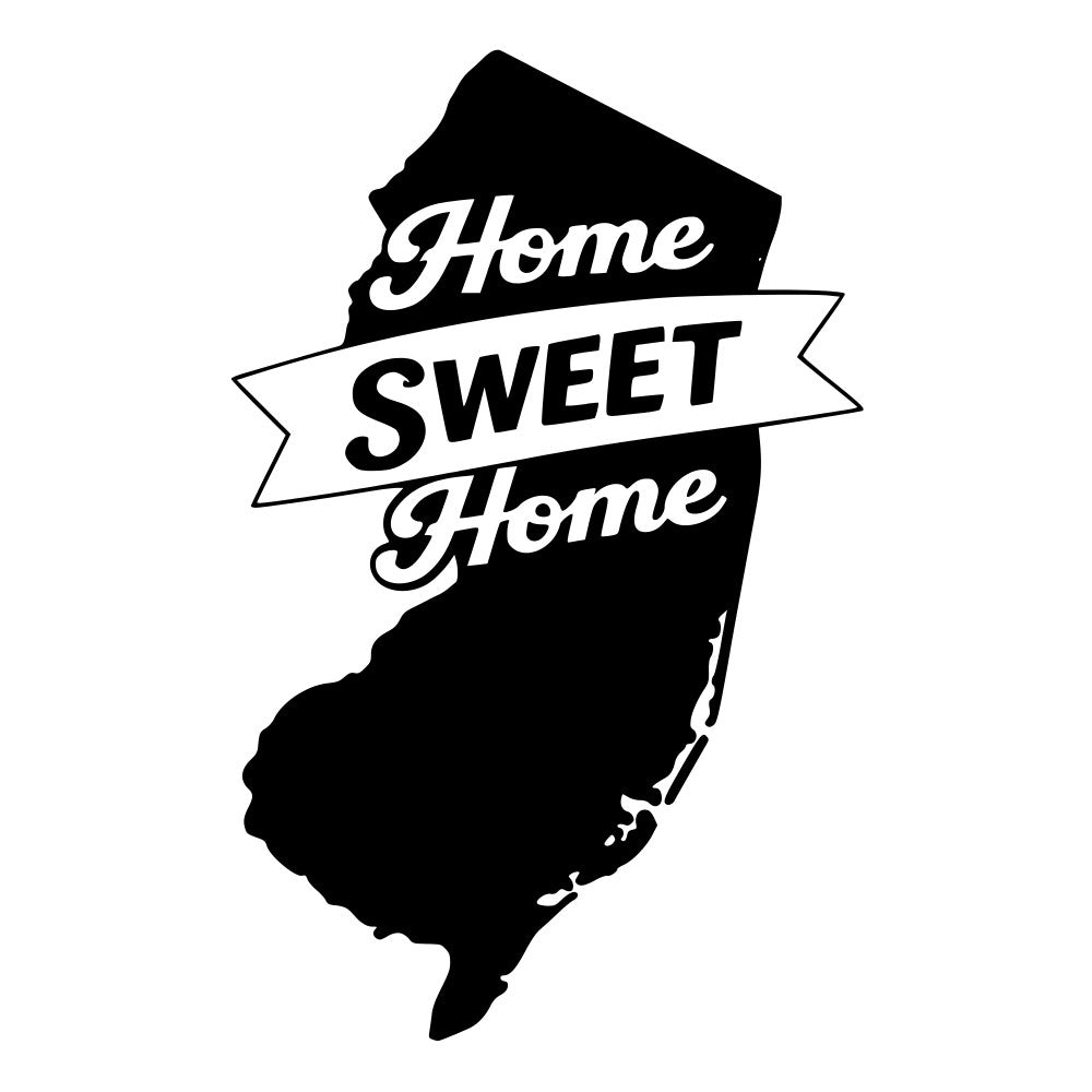 new jersey, home sweet home, state silhouette, black and white, monochrome, vintage, retro, americana, patriotic, rustic, farmhouse, home decor, wall hanging, state pride, typography, banner design, classic, traditional, script lettering, inspirational, motivational, home themed, regional, geographic, nostalgic, cottage core, timeless, iconic, location based