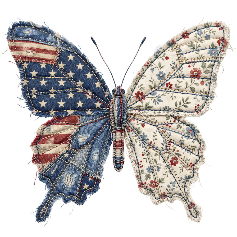 butterfly, american flag, patriotic, stars and stripes, floral, red white and blue, navy blue, cream, red flowers, blue flowers, botanical, vintage, traditional, whimsical, nature, garden, cottage core, americana, independence day, fourth of july, wings, insect, summer, decorative, elegant, classical, damask florals, pastoral, nostalgic, timeless design