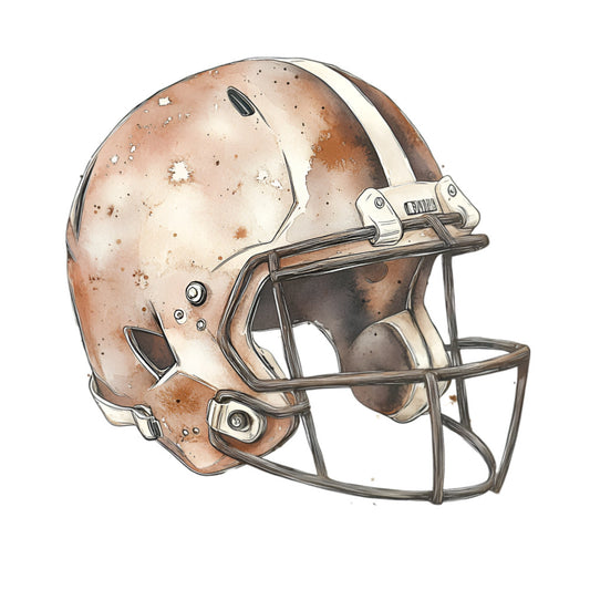 football helmet, sports, rust brown, tan, cream, beige, metallic silver, weathered, distressed, grunge, masculine, athletic, touchdown, game day, sports fan, men's quilt, boy's quilt, vintage sports, americana, fall sports, nostalgic, textured, realistic, detailed illustration, sports equipment