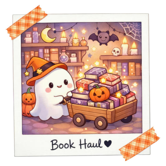 halloween, ghost, cute, whimsical, autumn, fall, spooky, book haul, books, pumpkin, bat, witch hat, moon, stars, candles, potion bottles, skull, cobweb, cozy, purple, orange, warm gold, cream, witchy, literary, magical, celestial, festive, seasonal, shelf