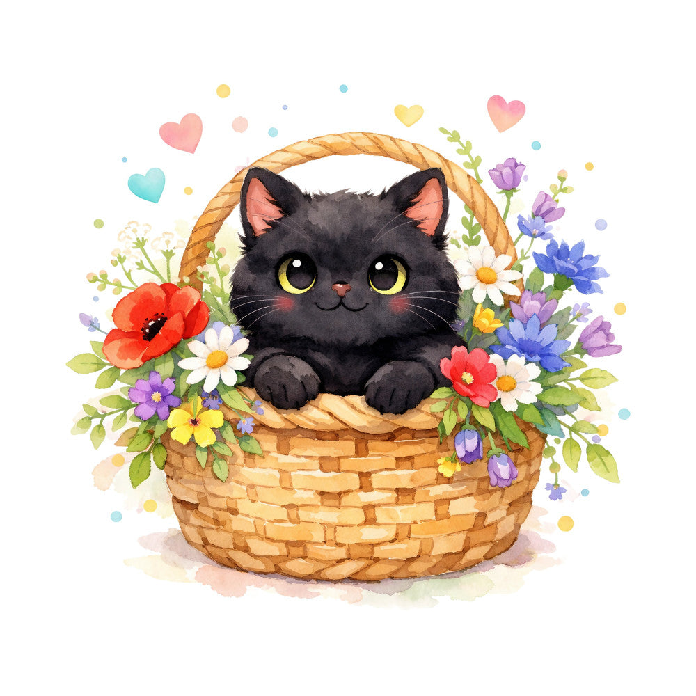 black cat, yellow eyes, basket, floral, flowers, hearts, whimsical, cute, colorful, spring, summer, animal, cat lover, coral pink, lavender purple, daisy, poppy, blue flowers, decorative, cheerful, playful, nature, garden, sweet, charming, children's, baby, illustration style, botanical
