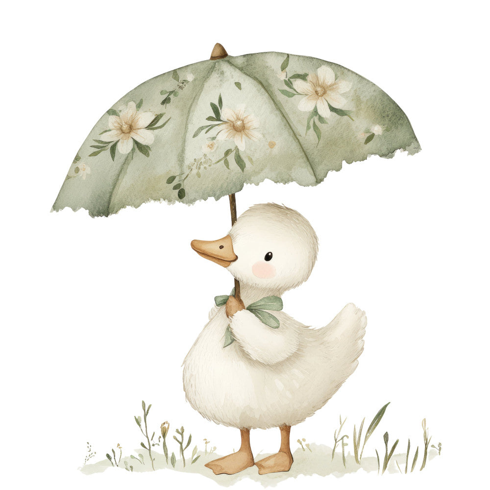 cute duck, white duck, sage green, cream, pale yellow, floral pattern, daisy flowers, botanical, animals, farmhouse, whimsical, gentle, soft, pastel colors, spring, baby quilt, children's fabric, nursery, woodland, nature-inspired, watercolor style, sweet, adorable, duck with umbrella, charming, vintage illustration, cottage core, panel design, soft green, beige