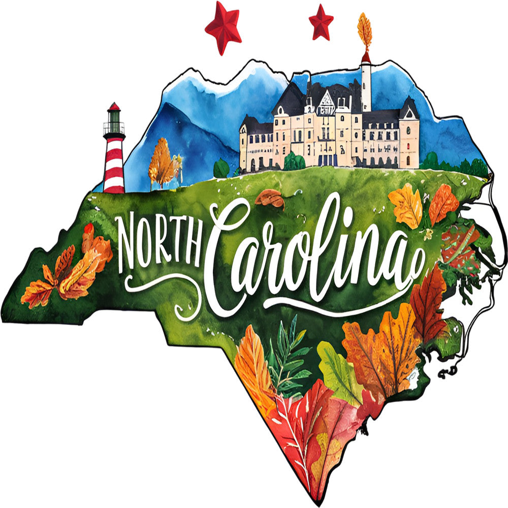Classic US States Fabric Panel 6 featuring North Carolina state map with lighthouse, mountains, autumn leaves, and historic building design.
