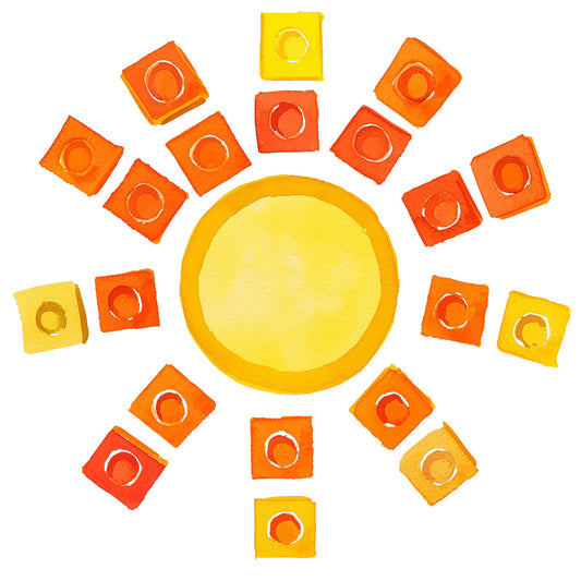 sun motif, yellow center circle, orange squares, geometric pattern, radiating design, warm colors, bright yellow, vibrant orange, red accents, watercolor style, fabric panel, quilting cotton, cheerful mood, sunny theme, square blocks, circular arrangement, craft fabric, sewing material, children's fabric, playful design