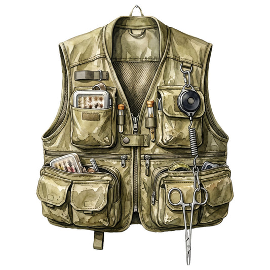 fishing vest, khaki, tan, beige, olive green, sage green, camouflage, camo pattern, outdoor, adventure, fishing tackle, fishing gear, sportsman, vintage fishing, retro fishing, utility pockets, tactical, explorer, nature, outdoorsman, masculine, rustic, vintage style, heritage, nostalgic, fishing theme, outdoor recreation, men's interest, technical apparel