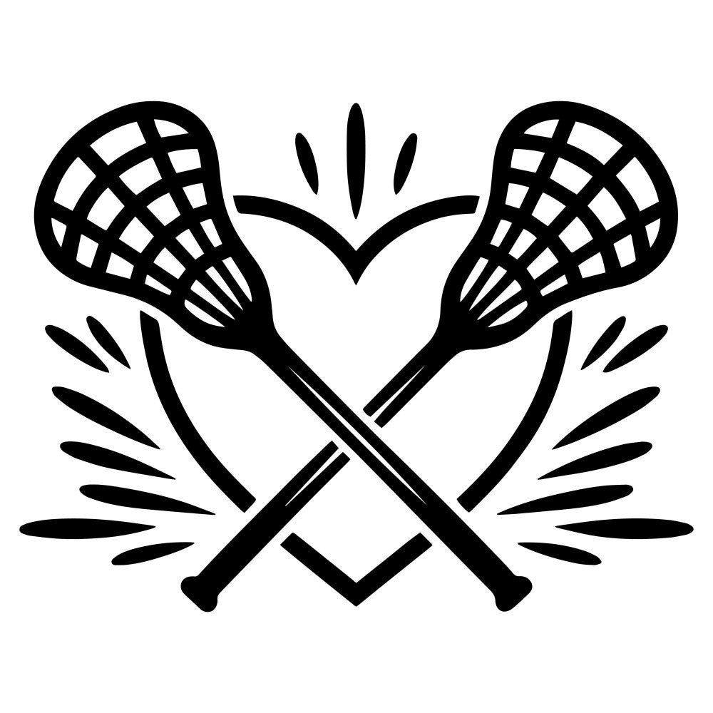 lacrosse, sports, athletic, black and white, monochrome, geometric, wings, crossed sticks, heart, nature, outdoor, games, recreational, modern, minimalist, whimsical, badge, emblem, varsity, team spirit, medallion, decorative, striking, bold, contrast, novelty, youth, active lifestyle, summer sports