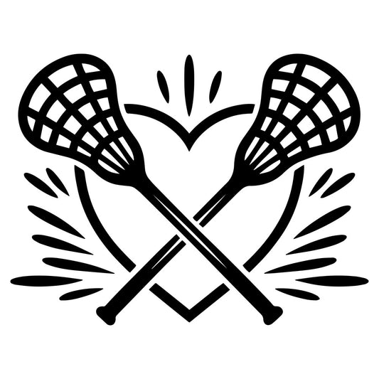 lacrosse, sports, athletic, black and white, monochrome, geometric, wings, crossed sticks, heart, nature, outdoor, games, recreational, modern, minimalist, whimsical, badge, emblem, varsity, team spirit, medallion, decorative, striking, bold, contrast, novelty, youth, active lifestyle, summer sports
