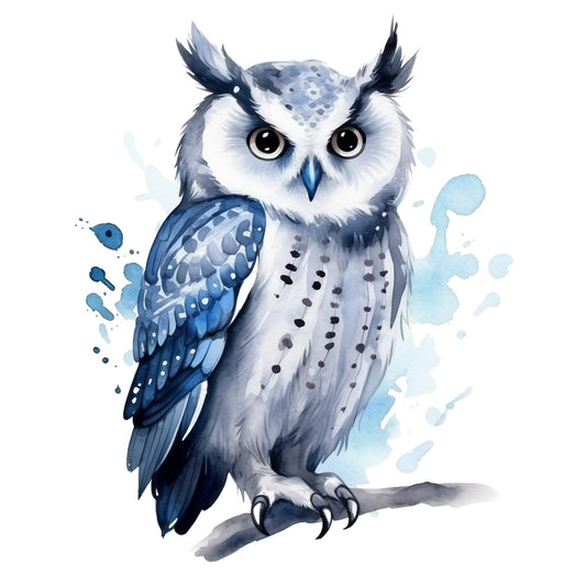 watercolor owl, blue owl, grey owl, white owl, owl illustration, fabric panel, quilting cotton, bird design, nature motif, watercolor splashes, blue splatter, artistic owl, feathered wings, owl perched, wildlife fabric, painterly style, soft colors, decorative panel, animal print, craft fabric