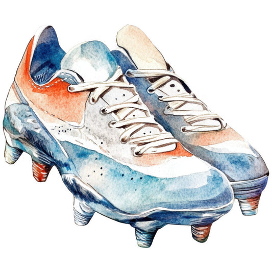 watercolor, sports, soccer cleats, athletic shoes, coral orange, navy blue, cream white, teal blue, abstract, whimsical, vintage, artistic, hand-painted, illustration, sports theme, soccer equipment, footwear, orange and blue, blue and white, striped, modern, contemporary, apparel print, youth style, athletic wear, sports illustration, colorful, multi-color, novelty print, unisex theme