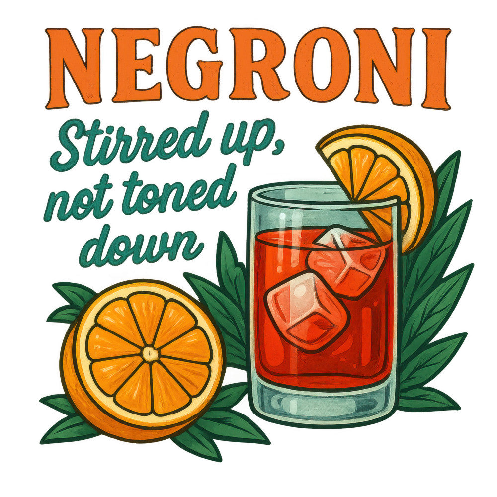 orange, green, red, negroni cocktail, stirred text, orange slice, ice cubes, cocktail glass, leaves foliage, fabric panel, quilting cotton, beverage theme, bar motif, drink illustration, cartoon style, playful design, alcoholic beverage, citrus garnish, mixed drinks