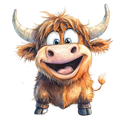 highland cattle, cartoon cow, funny animal, whimsical, rust orange, golden brown, cream, charcoal gray, children's illustration, farmyard, livestock, hairy cow, highland bull, smiling face, playful character, cute animal, farm theme, rustic, cheerful, childlike, humorous, folk art, textile art, kids fabric, nursery decor, country style, animal character, expressive eyes, decorative panel
