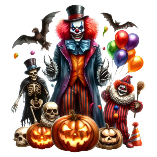 halloween, spooky, creepy clown, jack-o-lantern, pumpkin, skull, skeleton, bat, dark orange, deep purple, blood red, black, top hat, striped, whimsical, gothic, festive, autumn, seasonal, scary, trick-or-treat, horror, vintage circus, skeleton hand, glowing eyes, colorful balloons, wall hanging, seasonal decor, party theme, dark whimsical