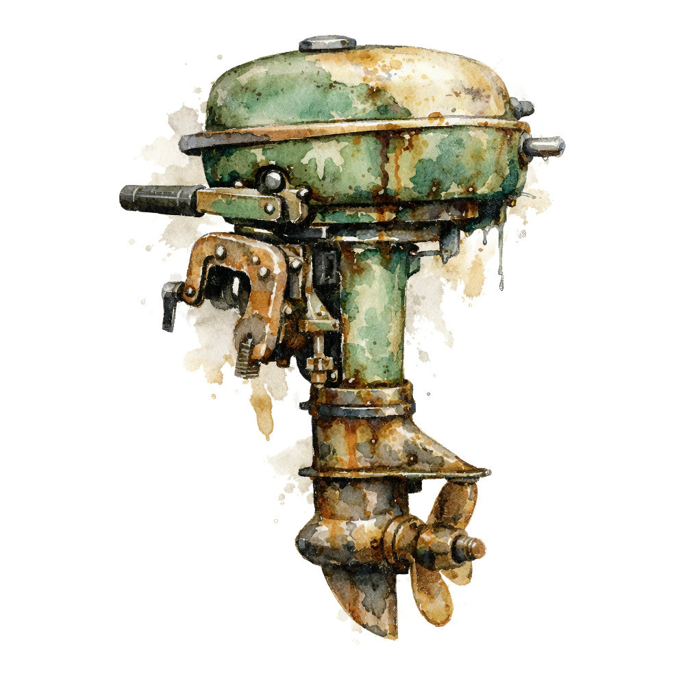 vintage outboard motor, sage green, rust orange, weathered patina, steampunk, industrial, nautical, machinery, mechanical, vintage boat, retro engine, watercolor, antique motor, marine theme, aged metal, grunge, shabby chic, vintage transportation, boating, fishing, watercolor art style, distressed finish, brown rust tones, cream white, steampunk aesthetic, vintage machinery print, nostalgic design, cottage core, americana, retro nautical