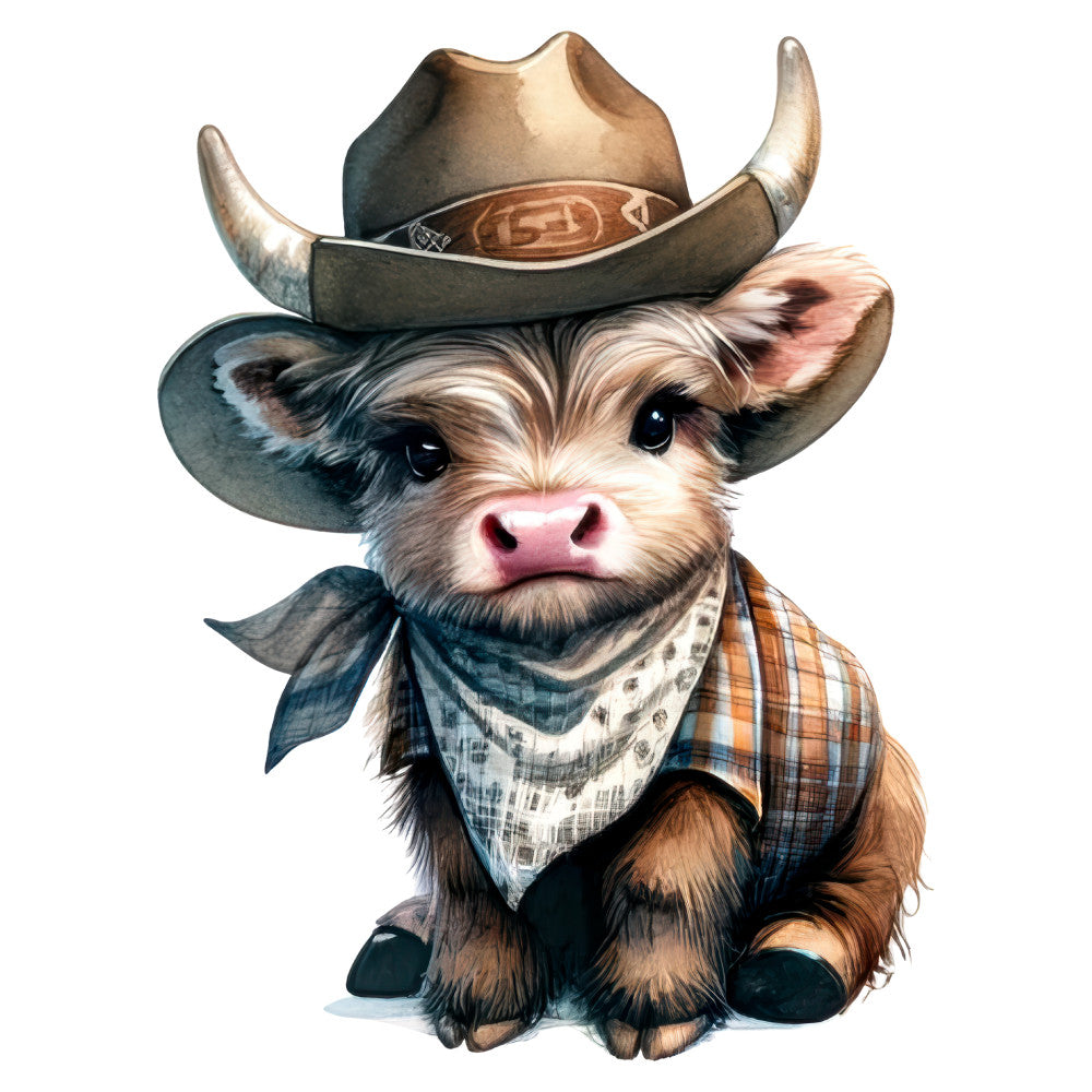 cowboy cow, western, bandana, plaid, tan, cream, brown, rust orange, navy blue, pink nose, cute animals, farmhouse, rustic, whimsical, country, livestock, cattle, horns, checkered shirt, bandanna print, pastoral, farm animals, charming, humorous, novelty print, children's, playful, country western, southwestern, adorable