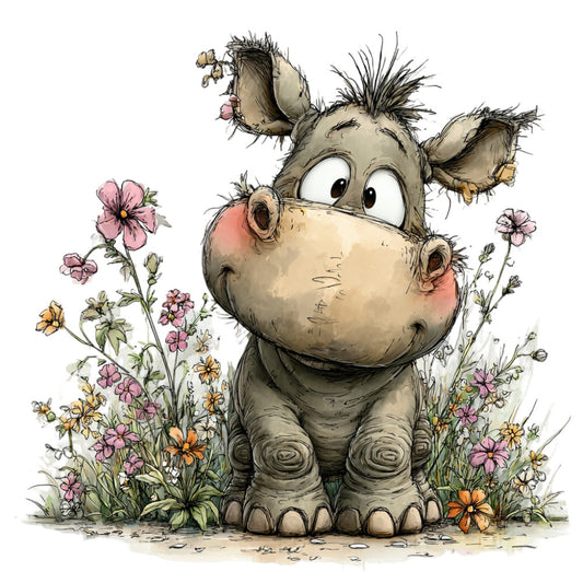 baby animals, cute elephant, whimsical, children's, nursery, pastel pink, cream, tan, beige, soft colors, floral, flowers, daisy, spring, nature, botanical, playful, storybook, illustration, watercolor style, kids fabric, baby quilt, wall hanging, gentle, sweet, young children, flowers and animals, garden theme, colorful blooms