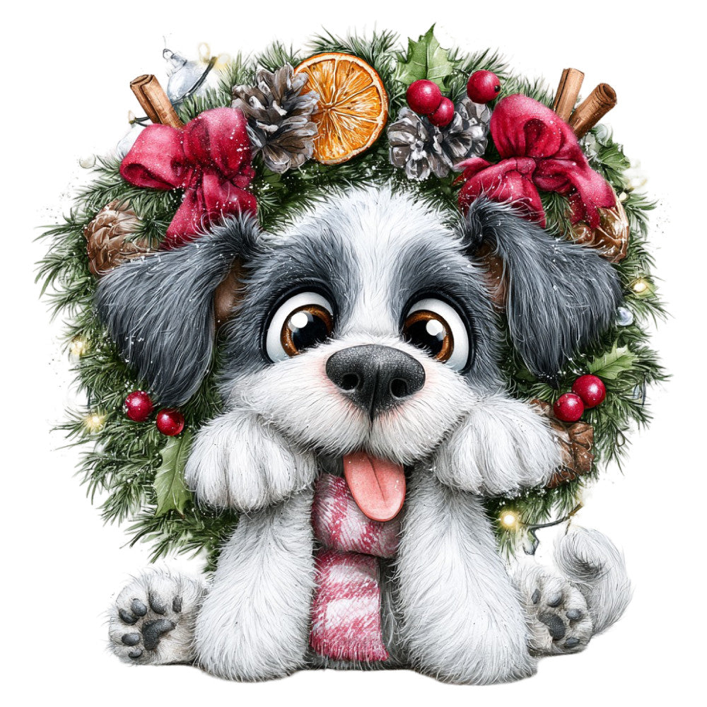 cute dog, puppy, shih tzu, festive wreath, christmas, holiday, winter, red berries, dried orange slice, cinnamon sticks, evergreen, pine branches, red ribbons, bows, berries, whimsical, playful, cheerful, joyful, dark gray, white, cream, dusty rose, red, green, gold accents, animal lover, pet themed, seasonal decoration, greeting card