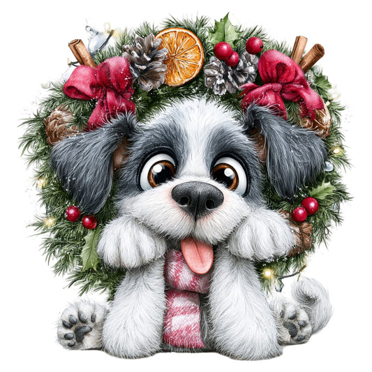 cute dog, puppy, shih tzu, festive wreath, christmas, holiday, winter, red berries, dried orange slice, cinnamon sticks, evergreen, pine branches, red ribbons, bows, berries, whimsical, playful, cheerful, joyful, dark gray, white, cream, dusty rose, red, green, gold accents, animal lover, pet themed, seasonal decoration, greeting card