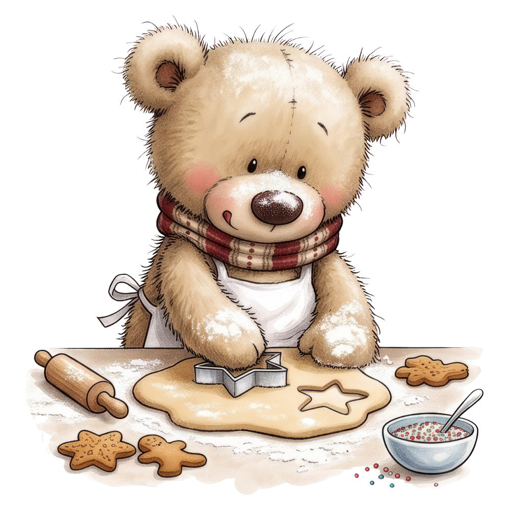 teddy bear, baking, cookie decorating, gingerbread, cream, tan, beige, brown, red plaid, burgundy, whimsical, cute, children, baby, holiday, christmas, winter, baking theme, kitchen, gingerbread cookies, rolling pin, cookie cutters, sprinkles, apron, festive, cozy, charming, nursery, kid-friendly, sweet