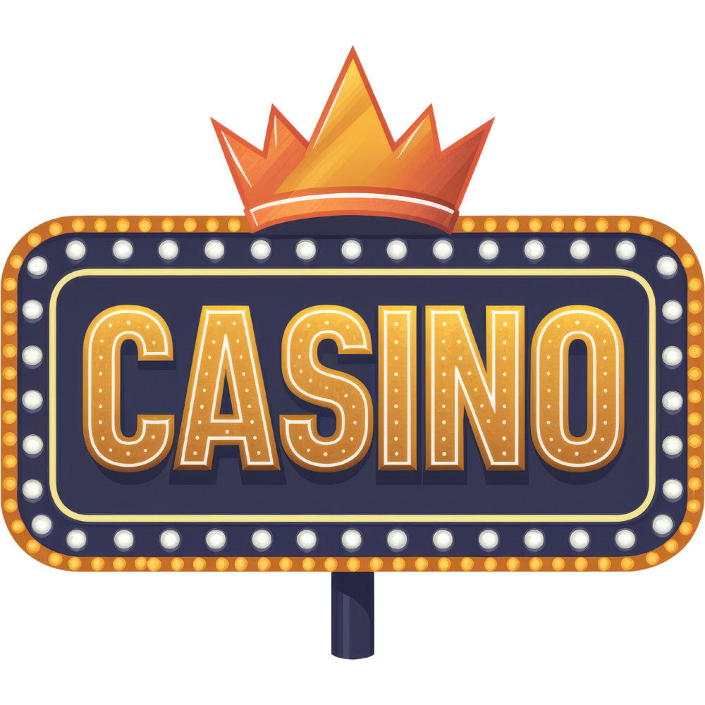 casino sign, vintage neon, orange crown, yellow lights, navy blue background, white bulbs, gambling theme, retro marquee, entertainment motif, vegas style, bright illumination, decorative border, golden accents, fabric panel, quilting cotton, novelty print, themed design, colorful graphics, casino decor, gaming imagery
