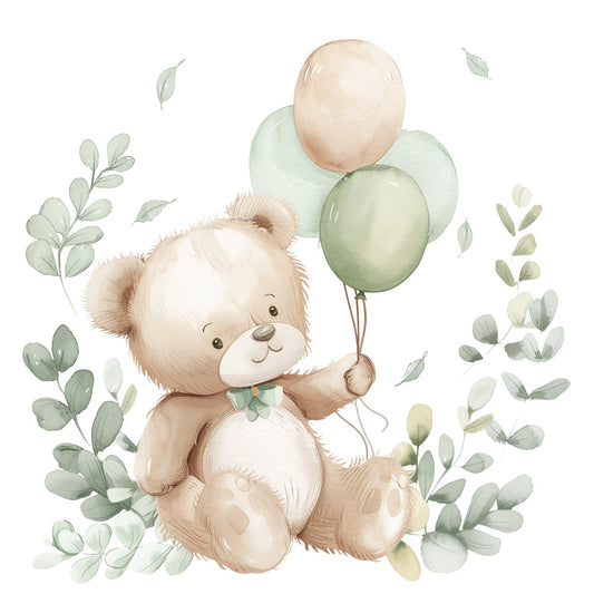 teddy bear, cream, soft beige, sage green, mint green, whimsical, baby, nursery, balloons, eucalyptus leaves, nature, gentle, sweet, innocent, adorable, children's, playful, soft colors, pastel, spring, baby shower, baby quilt, wall art, gender neutral, cute animals, storybook, illustration, watercolor style, timeless