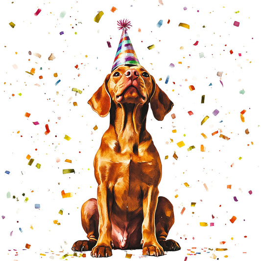 party dog, golden retriever, brown dog, celebration, confetti, colorful confetti, party hat, festive, whimsical, fun, playful, bright colors, multicolored, rainbow, gold, purple, pink, orange, yellow, blue, cheerful, happy, dog lover, animal theme, pet theme, birthday party, celebration theme, modern whimsical, contemporary, joyful