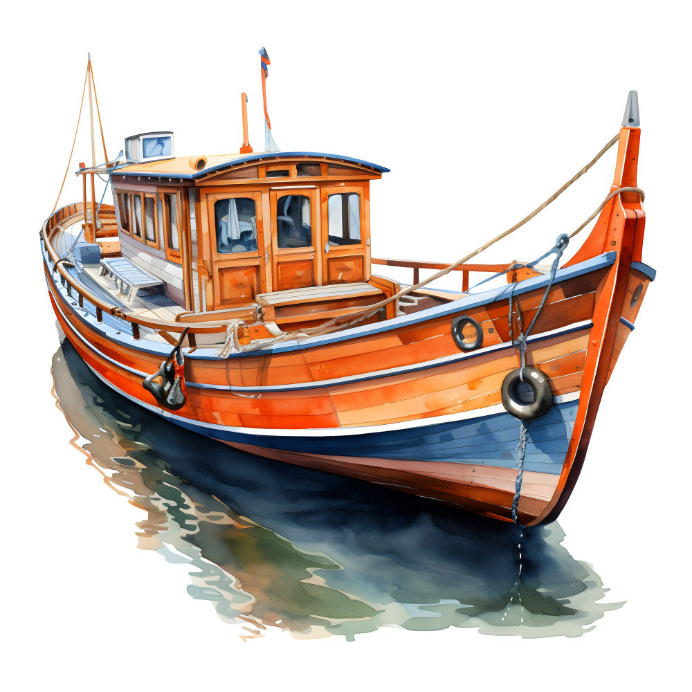 orange boat, nautical, fishing boat, coastal, maritime, blue water, orange and blue, white stripe, traditional boat, vessel, anchor, rope, wooden boat, seaside, harbor, ocean theme, water scene, transportation, vintage nautical, whimsical, rustic coastal, illustration, aquatic, summer, travel theme, scenic landscape, mediterranean style, sailboat elements, peaceful water