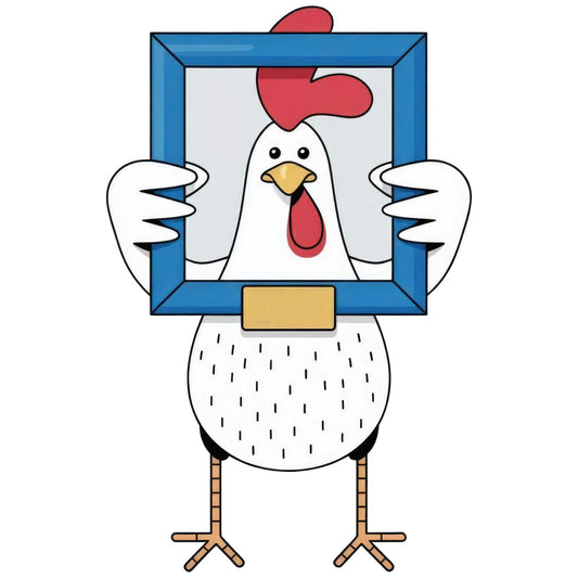 chicken, rooster, farm animals, farmhouse, blue frame, window frame, red comb, yellow beak, whimsical, folk art, country style, rural, barnyard, cute animals, children's fabric, baby quilt, nursery, spring, summer, cream white, cornflower blue, red accents, gold yellow, tan, striped texture, illustration style, playful, decorative panel, wall hanging, novelty print