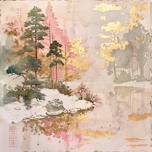 asian landscape, rice paper texture, watercolor style, soft pastels, sage green, dusty pink, golden yellow, pine trees, evergreen forest, misty clouds, serene nature, japanese art, delicate brushwork, fabric panel, quilting cotton, tranquil scene, botanical elements, artistic print, muted tones, peaceful atmosphere