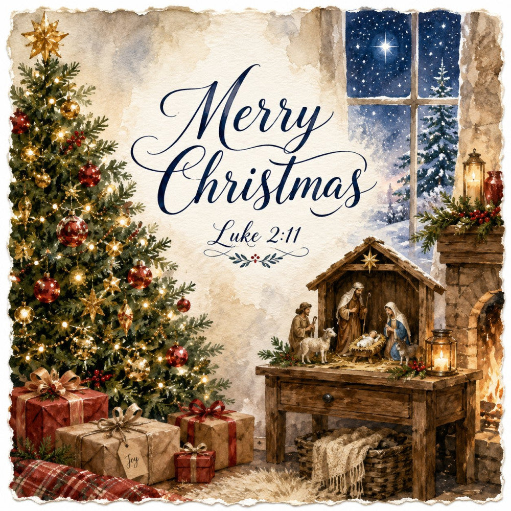 merry christmas, luke 2:11, nativity scene, christmas tree, gold ornaments, red ornaments, burgundy, navy blue, cream, forest green, gold accents, winter scene, snowy window, star of bethlehem, rustic, vintage, elegant, traditional, holiday, christmas, religious, spiritual, nativity, manger, joseph mary jesus, wrapped gifts, presents, plaid, celestial stars, lantern