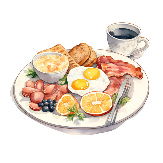 breakfast food, eggs, bacon, orange slices, blueberries, toast, coffee cup, morning theme, kitchen decor, food illustration, culinary, cream, butter, radishes, citrus, sunny yellow, warm orange, crisp white, soft gray, sage green, food art, farmhouse style, cottage core, vintage kitchen, whimsical, rustic charm, brunch aesthetic, daytime dining, country kitchen, cozy breakfast