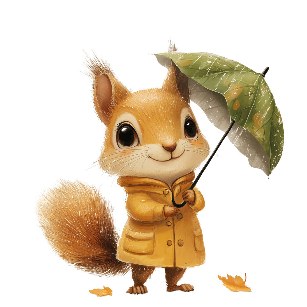 squirrel, autumn colors, golden yellow, orange, brown, green leaves, raincoat, umbrella, rainy day, woodland creature, cute animal, whimsical art, children's illustration, fabric panel, quilting cotton, seasonal design, fall theme, anthropomorphic, cartoon style, nature motif