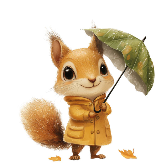 squirrel, autumn colors, golden yellow, orange, brown, green leaves, raincoat, umbrella, rainy day, woodland creature, cute animal, whimsical art, children's illustration, fabric panel, quilting cotton, seasonal design, fall theme, anthropomorphic, cartoon style, nature motif