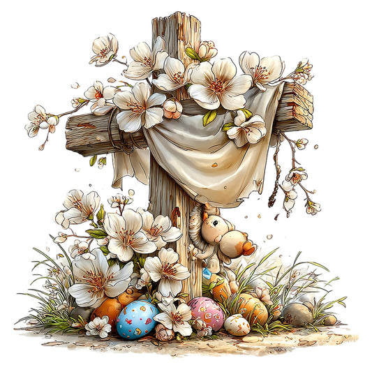 beige, cream, white, brown, wooden cross, cherry blossoms, easter eggs, squirrel, spring flowers, fabric panel, quilting cotton, religious theme, easter design, pastel colors, floral motif, nature scene, soft pastels, seasonal panel, decorative fabric, easter bunny