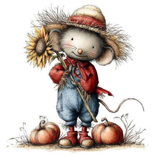 harvest mouse, autumn, fall, scarecrow, farmer, countryside, farmhouse, rustic, whimsical, charming, storybook, vintage, children's, cute animals, red jacket, blue overalls, sunflower, pumpkins, straw hat, cream white, dusty blue, barn red, golden yellow, terra cotta, natural beige, country theme, seasonal, folk art, illustration style, animal portrait