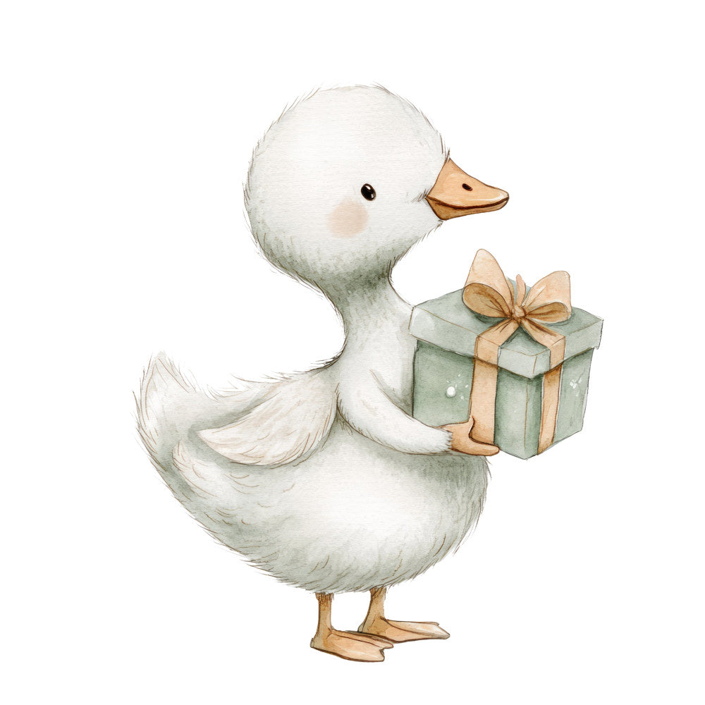 white duck, cream colored, sage green, mint green, gold accents, tan, animal design, waterfowl, goose, bird, gift box, ribbon bow, whimsical, cute, children's, baby, nursery, storybook, illustration, watercolor, farmhouse, pastoral, gentle, soft, spring, easter, greeting card style, baby shower, nursery decor, sweet