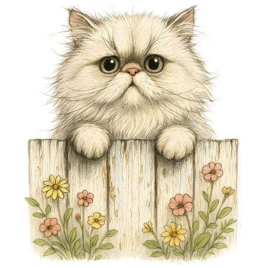 fluffy cat, persian cat, white cat, cream colored, pale yellow, dusty rose, coral pink, sage green, woodland animals, nature, floral, daisies, wildflowers, whimsical, cute, adorable, cottage core, farmhouse, rustic, spring, garden theme, animal lovers, children's fabric, sweet, charming, pastoral, illustrated, watercolor style, fence, flowers and animals