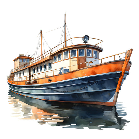 nautical, boat, fishing vessel, ocean, maritime, coastal, vintage ship, wooden boat, sailboat, orange, navy blue, cream, tan, beige, seafaring, transportation, vintage nautical, rustic coastal, traditional, whimsical, travel, adventure, watercolor style, illustration, detailed design, scenic, waterfront, captain, seaside