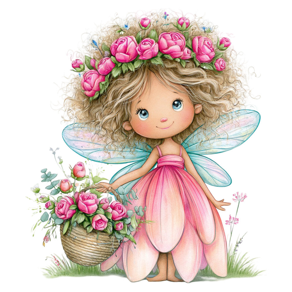 fairy, flower fairy, whimsical, pink roses, rose bouquet, cute character, fantasy, nature, floral, spring, garden, wings, dragonfly wings, iridescent, magical, children's, girl, curly hair, flower crown, petal dress, dusty rose, coral pink, soft pink, cream, sage green, blue eyes, sweet, delicate, enchanted garden, baby girl
