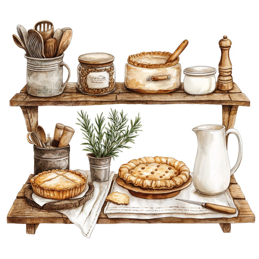 fabric panel, country kitchen, rustic shelving, wooden shelves, kitchen utensils, ceramic crockery, baked pies, rosemary herbs, cream colored, beige tones, brown hues, watercolor style, farmhouse aesthetic, cooking scene, quilting cotton, homestyle baking, vintage cookware, pastoral design, warm neutrals, kitchen illustration