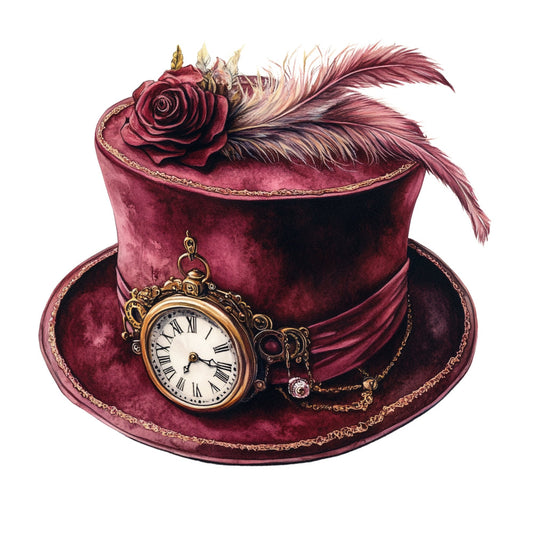 burgundy, wine red, deep red, maroon, gold, brass, steampunk, vintage, elegant, whimsical, gothic, clock, pocket watch, rose, feather, ornate, luxe, romantic, victorian, fantasy, magical, embellished, decorative, dark academia, celestial, formal, sophisticated, theatrical, costume