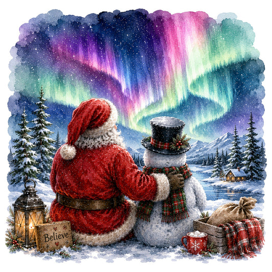 aurora borealis, christmas, santa, snowman, winter, holiday, northern lights, snow-covered landscape, evergreen trees, festive, magical, whimsical, rustic, cozy, navy blue, deep purple, forest green, red, pink, turquoise, aurora green, winter landscape, mountain scene, cabin, lantern, plaid scarf, snow scene, celestial, enchanted, traditional holiday