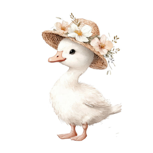 white duck, cream colored, tan, beige, coral pink, peach, straw hat, floral, flowers, daisy, botanical, animals, farmhouse, whimsical, charming, cottage core, spring, Easter, baby, nursery, children's, girls, sweet, delicate, vintage, pastoral, nature, adorable, decorative panel, wall hanging
