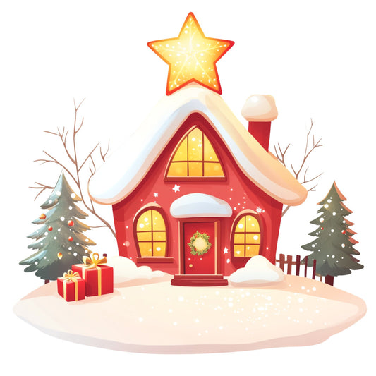 christmas, holiday, winter, red house, snow, festive, golden star, evergreen trees, gifts, presents, whimsical, cottage core, warm white, cream, forest green, bright red, golden yellow, cheerful, cozy, seasonal, decorative, chimney, wreath, snowy landscape, starry night, fairy tale, storybook, children's design, home sweet home