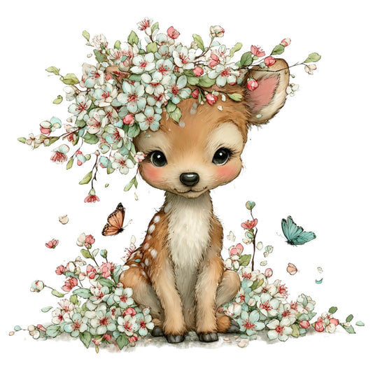 cute animal, fawn, deer, flowers, floral, spring, pastel colors, cream, soft pink, coral pink, sage green, mint green, brown, butterflies, blossoms, whimsical, sweet, gentle, nature, woodland, garden, baby, nursery, children's, soft aesthetic, romantic, delicate, vintage style, botanical, peaceful