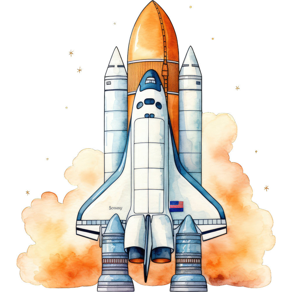 space shuttle, orange, white, blue, navy blue, celestial, stars, clouds, rocket, spacecraft, science fiction, adventure, whimsical, modern, transportation, space exploration, children, kids, baby, nursery, wall hanging, space theme, blastoff, cosmic, adventure theme, bold colors, illustrated, graphic design, educational
