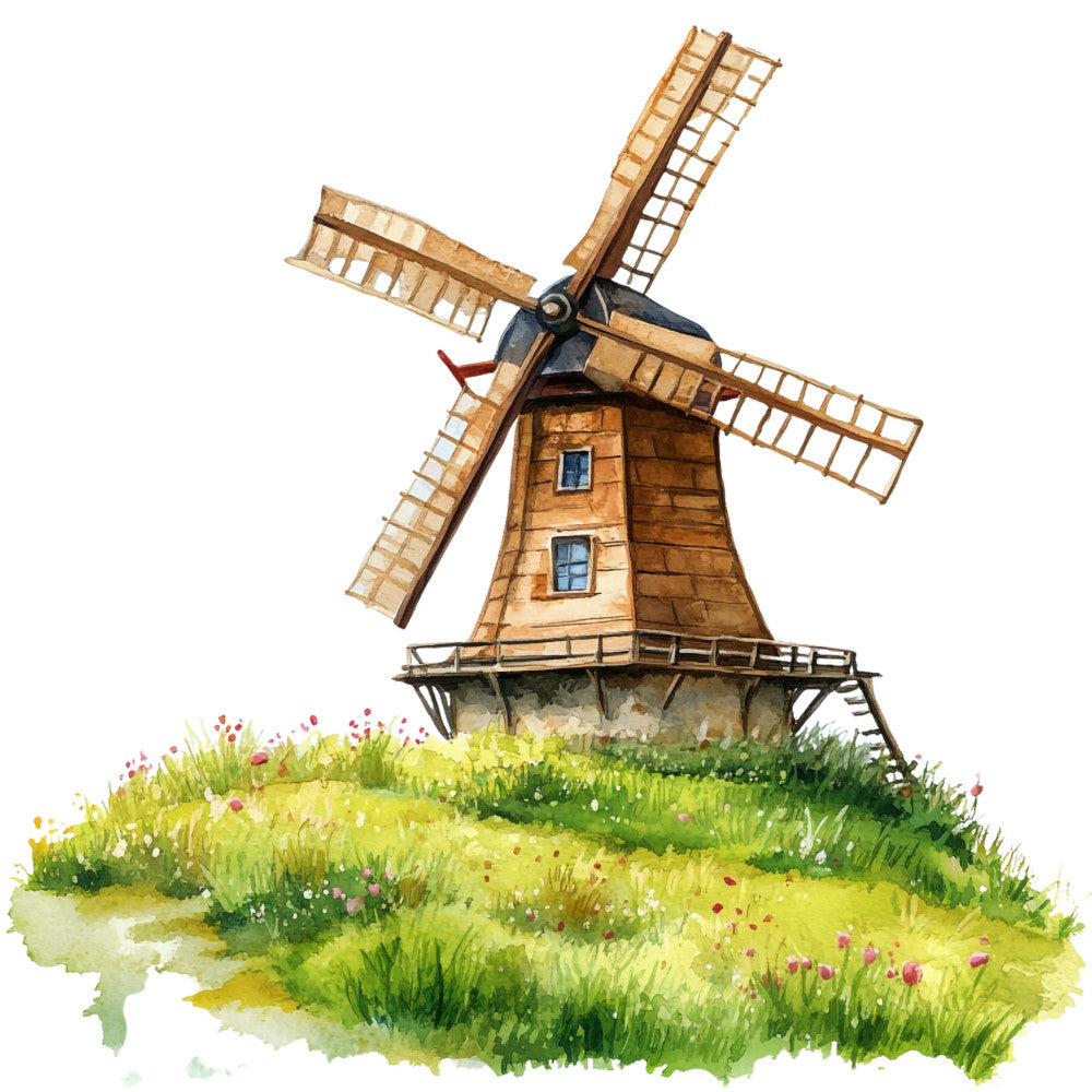 windmill, watercolor style, pastoral scene, green grass, brown wood, stone foundation, four blades, countryside landscape, fabric panel, quilting cotton, rustic charm, meadow flowers, rolling hill, wooden structure, nature scene, spring colors, soft brushstrokes, rural architecture, botanical elements, peaceful mood