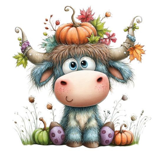 whimsical cow, autumn, fall harvest, pumpkin, orange, teal blue, purple, cream, rustic farmhouse, cute animals, highland cattle, folk art, children's, baby quilt, wall hanging, countryside, harvest theme, seasonal decor, playful, charming animals, nature-inspired, decorative panel, woodland, pastoral, folk design, burnt orange, sage green, lavender purple, tusked cow, whimsy