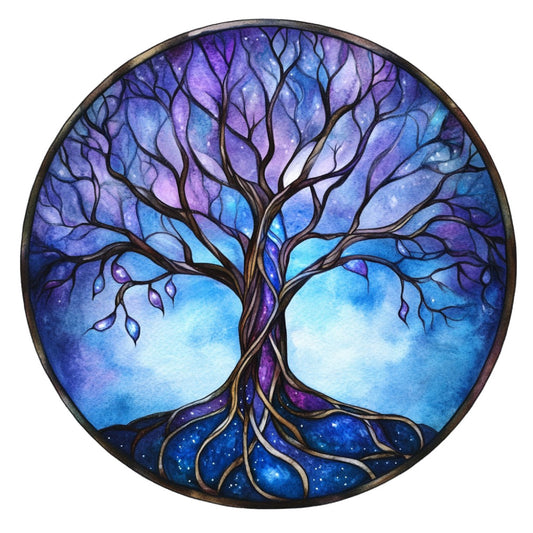 celestial, tree of life, night sky, starry, cosmic, purple, blue, indigo, lavender, turquoise, cyan, dark blue, magical, mystical, whimsical, nature, botanical, branches, roots, spiritual, dreamy, galaxy, peaceful, meditative, elegant, bohemian, fantasy, universe, enchanted, wall hanging