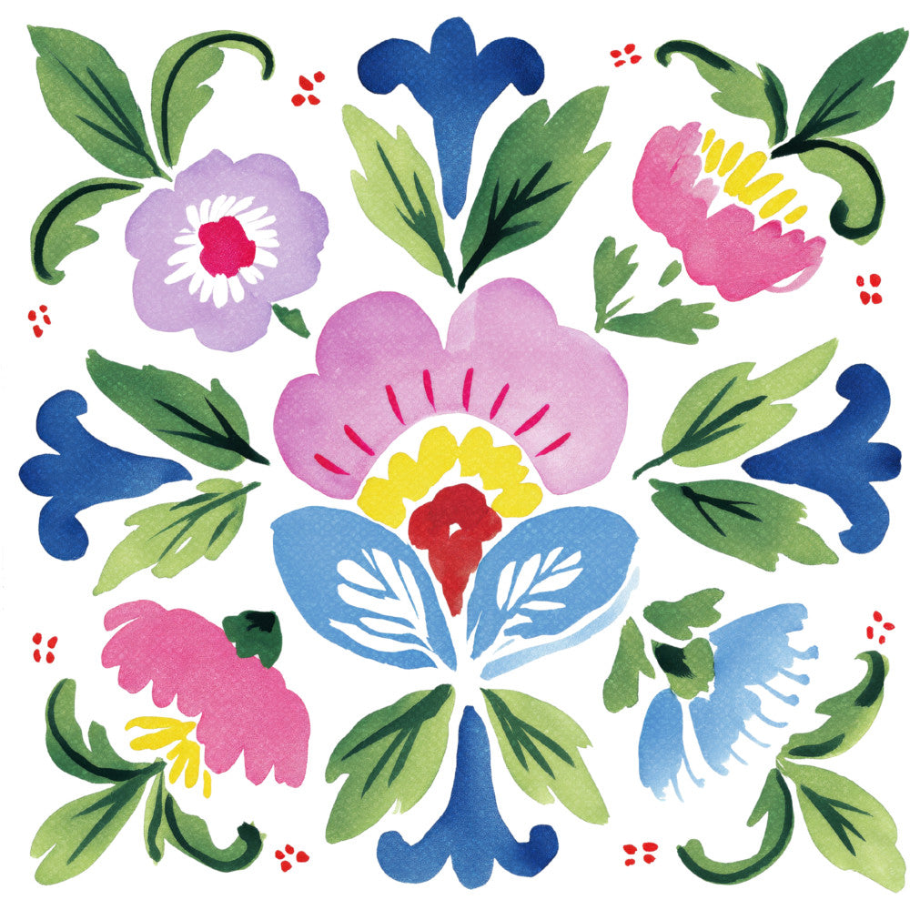 floral, botanical, spring, summer, folk art, traditional, whimsical, navy blue, dusty rose, pink, yellow, light blue, forest green, sage green, red, colorful, nature, leaves, flowers, symmetrical, scandinavian, vintage, cottage core, hand-painted, watercolor, medallion, center motif, multicolor, cheerful, garden